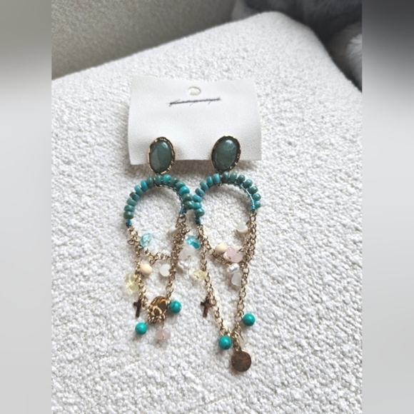 NEW! Free People, Stone Bead andCharm Dangle Earrings, Gold/Turqoise- NWT! - Picture 2 of 6